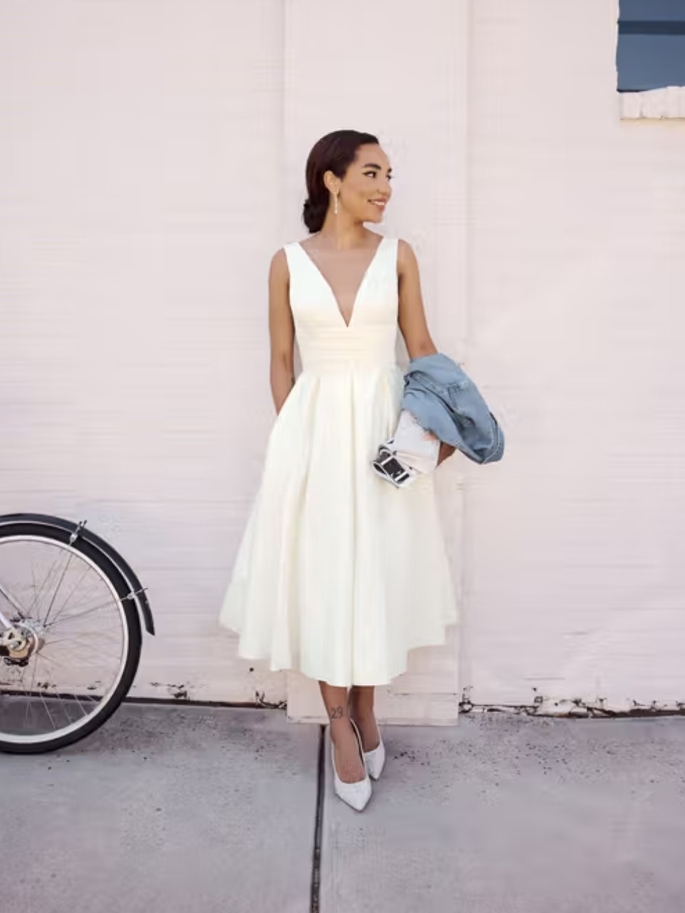 David's Bridal Cream V-Neck Fit-and-Flare Midi Dress